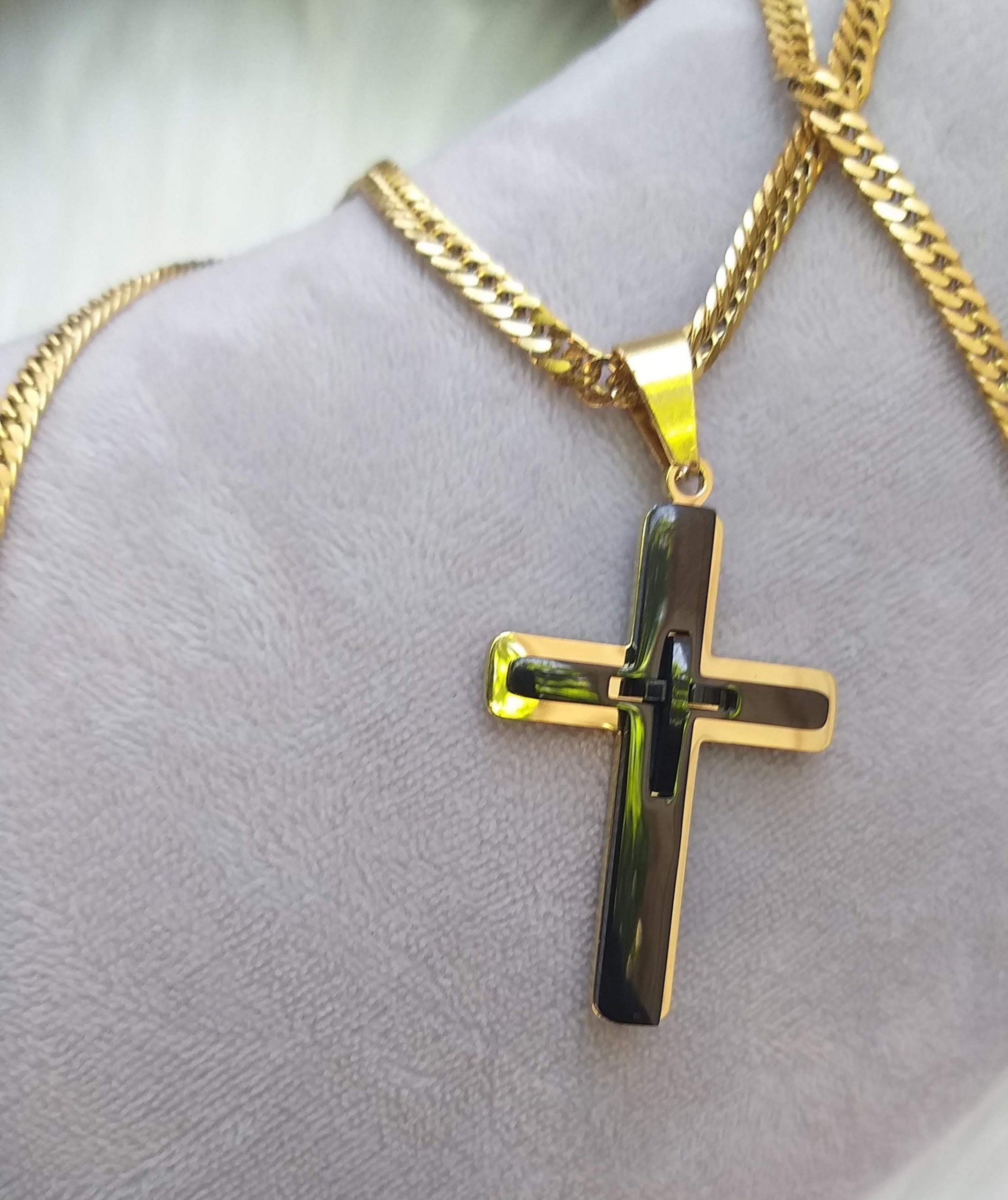 Two-Tone Cross Pendant with 24 inches Gold-Tone Necklace