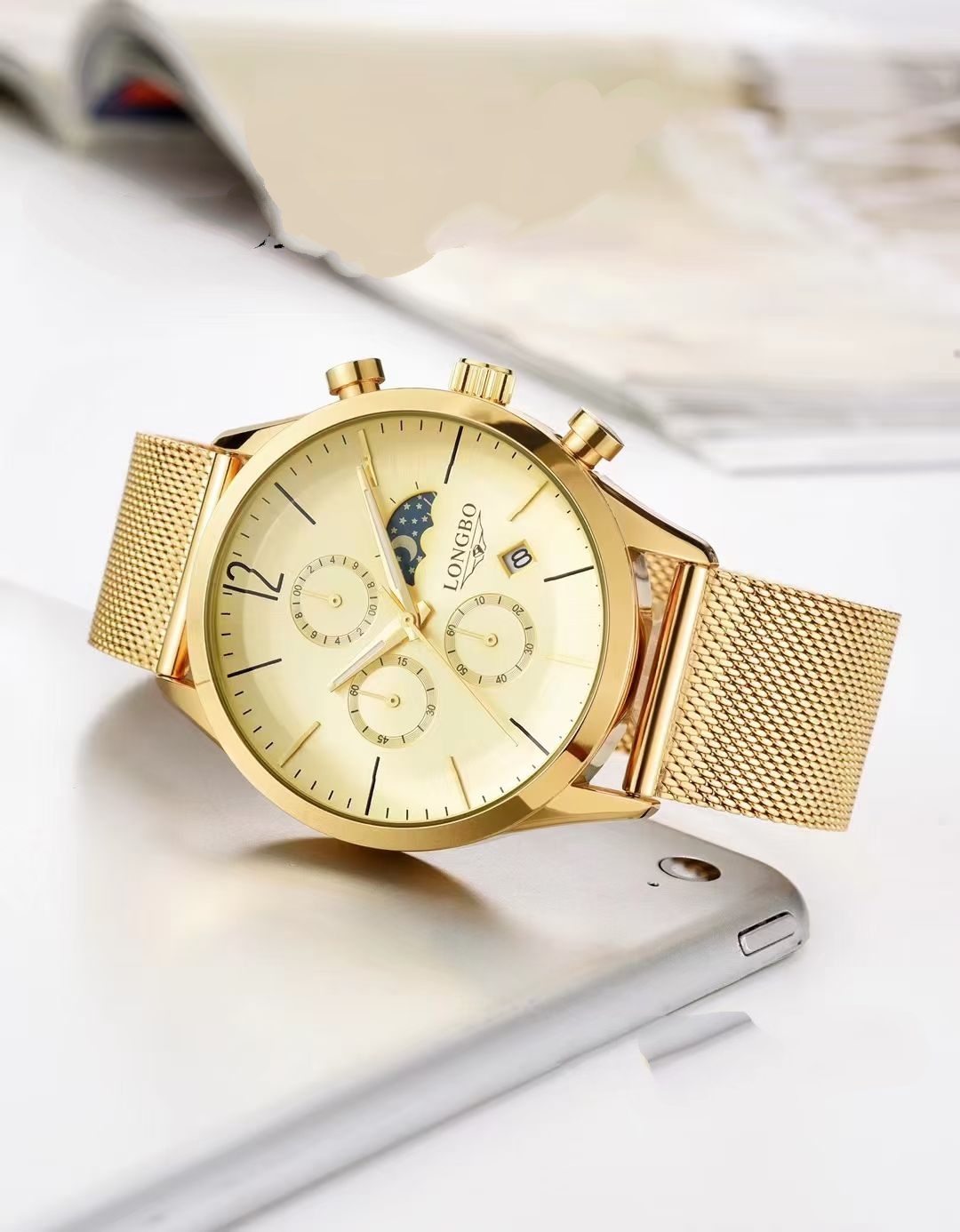 Gold shell, gold steel ribbon, men`s watch with calendar