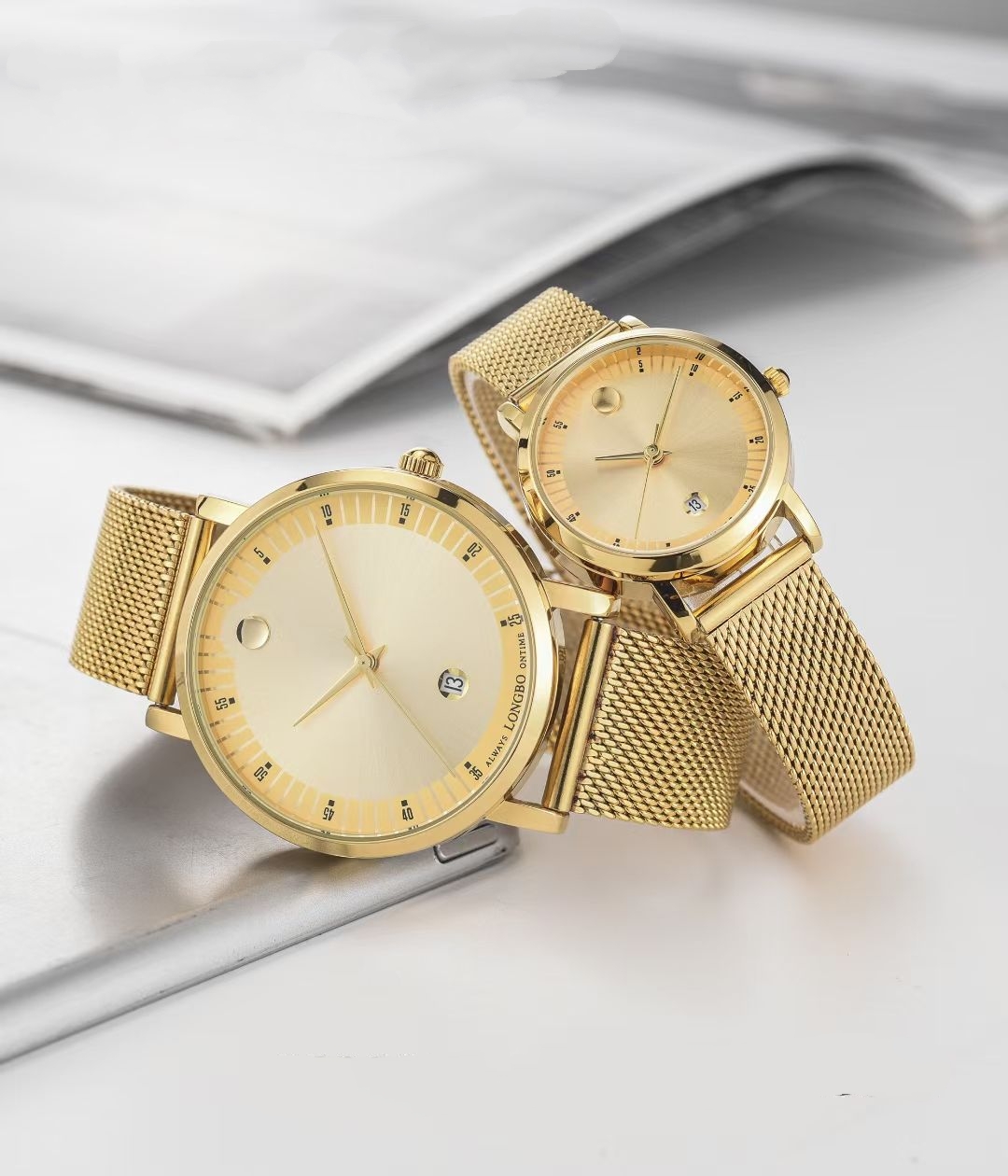 Gold shell, gold face, gold steel belt, men`s wear single calendar watch