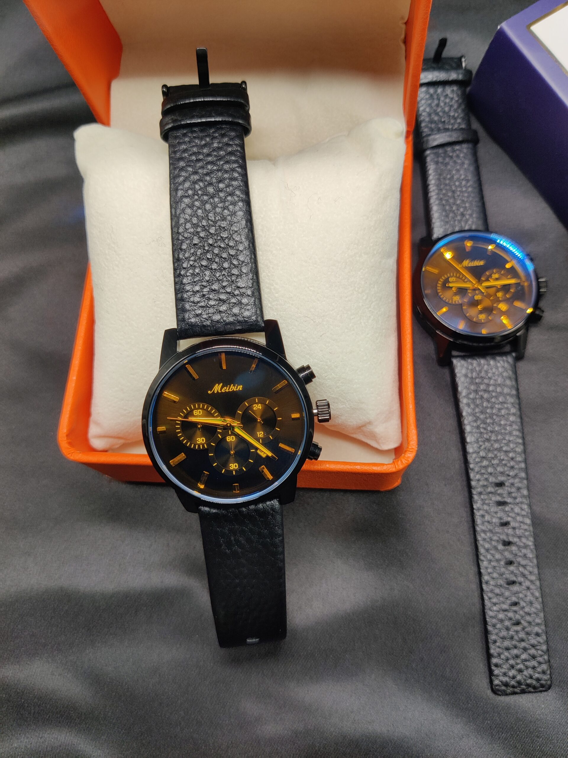 Meibin M1769 Black Leather band female watch. Stainless steel back 30m water resistance.
