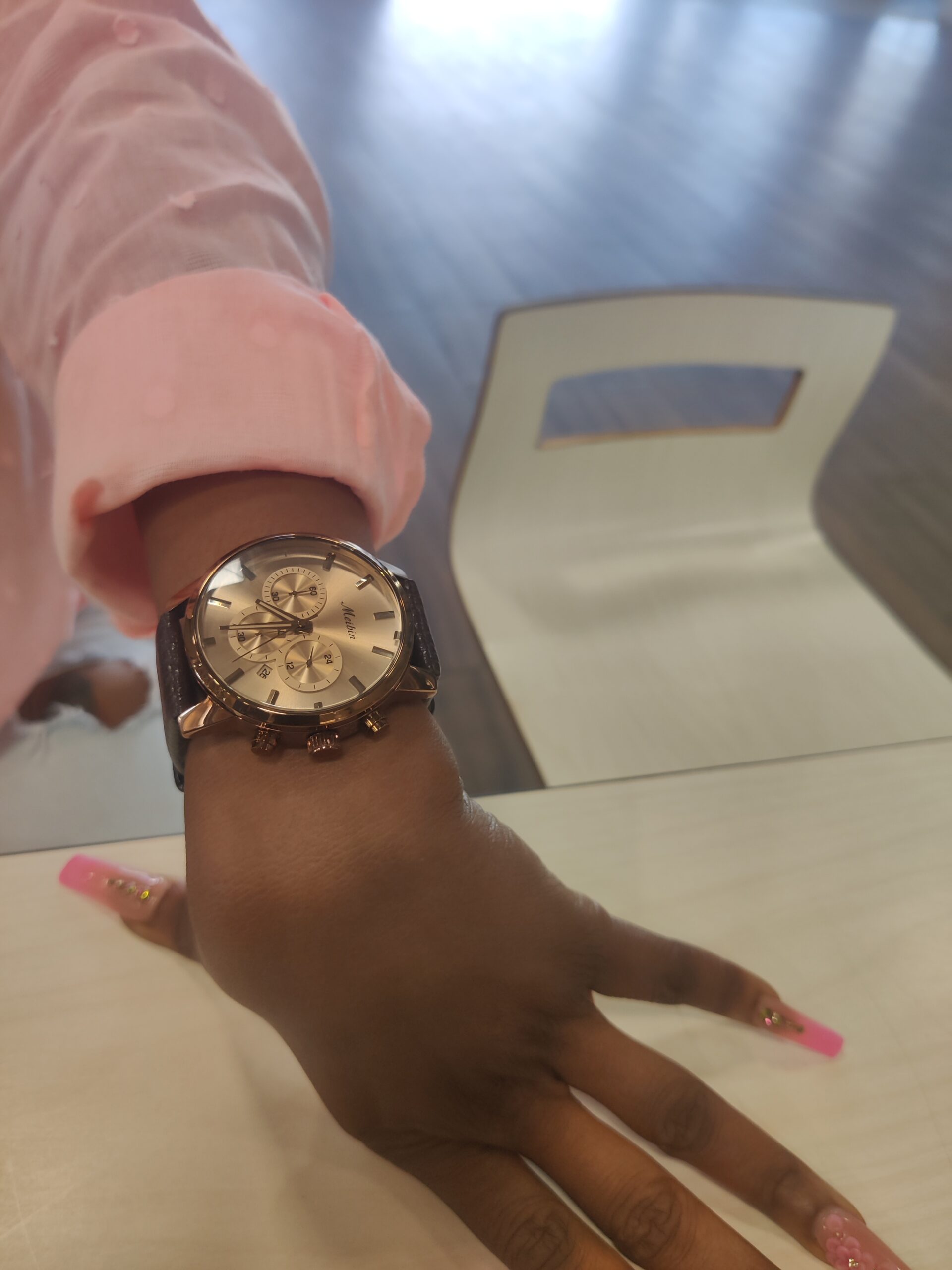 Meibin M1769 Brown Leather band female watch. Stainless steel back 30m water resistance.