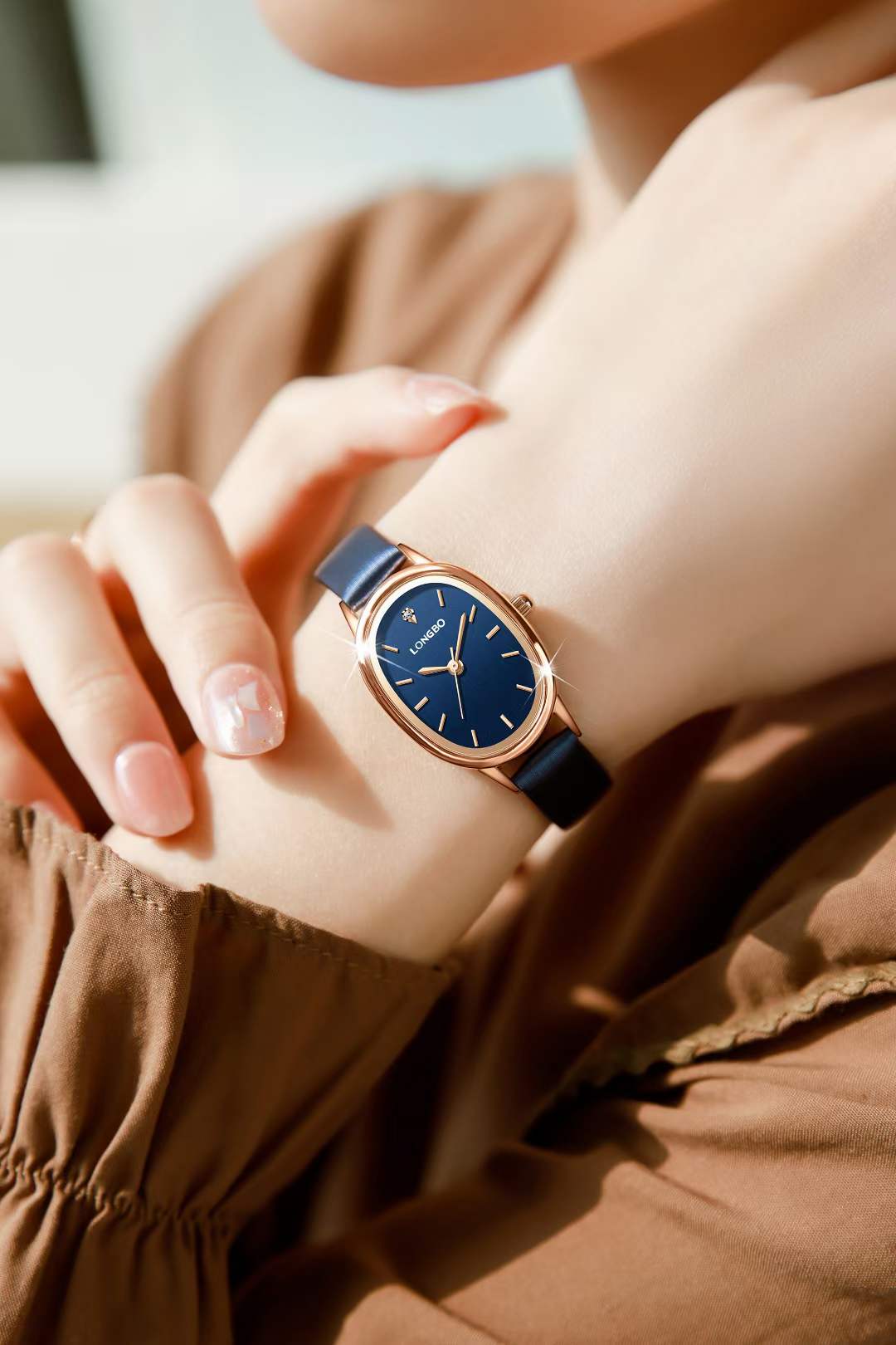 Longbo (83546) Blue sleek Leather band (blue dial) female watch, 30m water resistance.